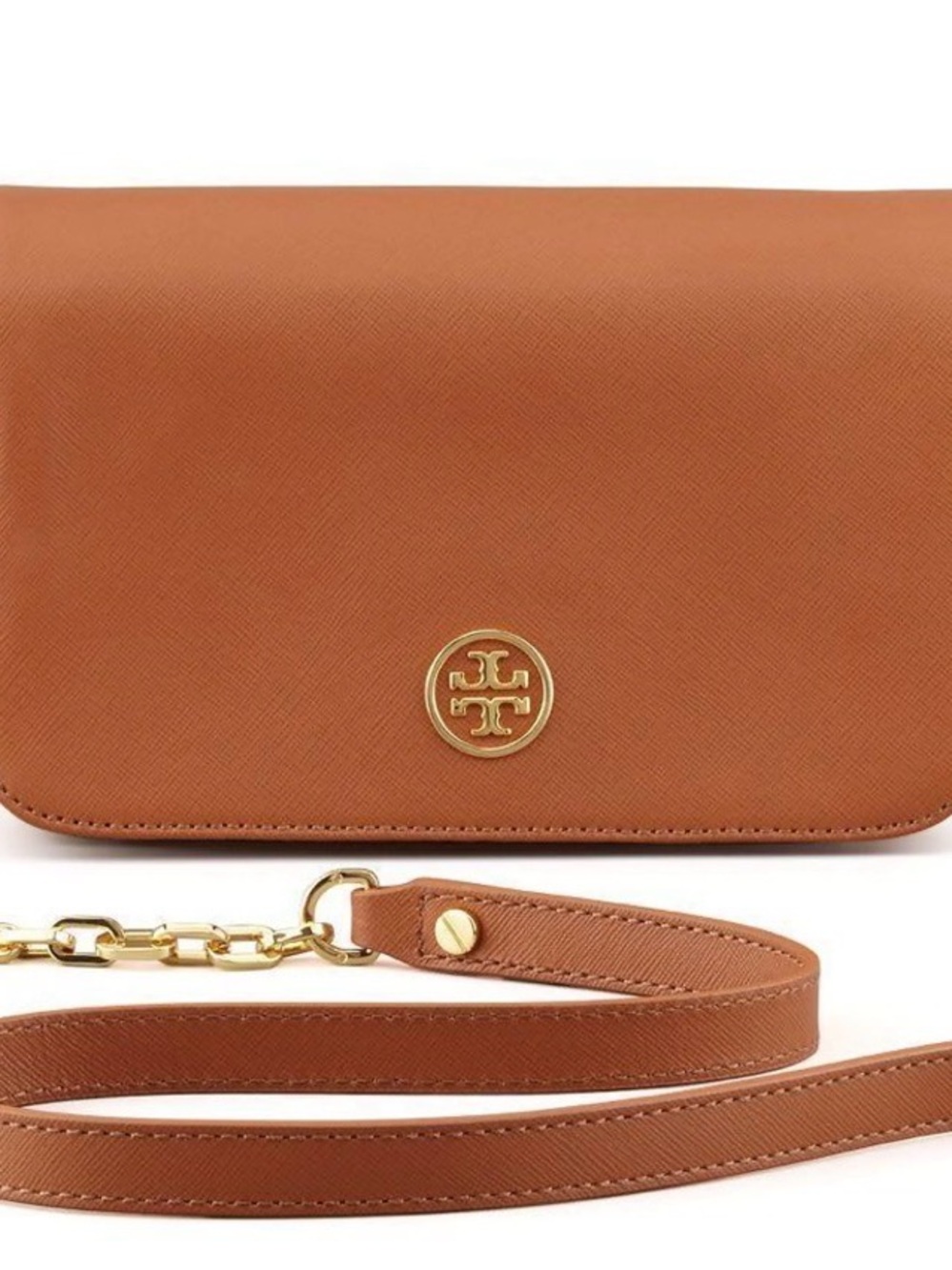 Tory Burch Brown Leather Shoulder Bag purse Gold Logo & chain Robinson crossbody